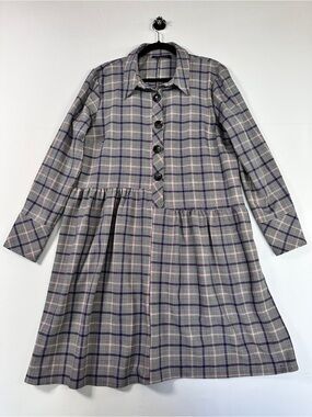 REFKA Plaid Collared Button Front Dress Grey Pink Blue Size 12